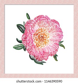 Embroidery rose flower sketch patch. Hand drawn stitching style floral illustration of flowers bud. Isolated flower on white background inside a soft pink wooden frame.