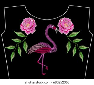 Embroidery rose flowers with flamingo. vector illustration for fashion girls dress, woman t-shirt, design  college apparel, vintage graphic stitch