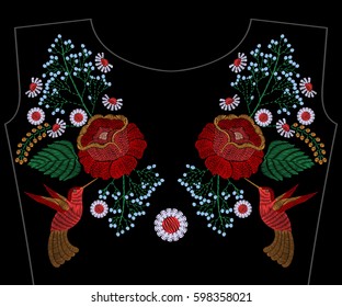 Embroidery rose with hummingbird, spring flowers, chamomile for neckline. Vector fashion embroidered floral ornament, fancywork pattern for textile, fabric traditional folk decoration.
