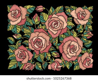 Embroidery rose pattern. Craft. Botanical ethnic, folk art. Border frame. Floral patch, boho, bohemian fashion patchwork. Vector hand drawn artwork. Sewing stitch. Black, red, pink, beige, green color