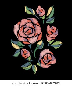 Embroidery rose pattern. Craft. Botanical ethnic, folk art. Border frame. Floral patch, boho, bohemian fashion patchwork. Vector hand drawn artwork. Sewing stitch. Black, red, pink, beige, green color