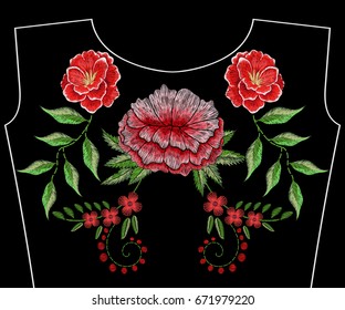 Embroidery rose with peony flowers for neckline. Vector fashion embroidered floral ornament, fancywork pattern for textile, fabric traditional folk decoration.