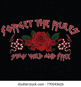 Embroidery rose and snake slogan fashion patch, rose with leaves, fashion patches, badges  typography, t-shirt graphics, vectors