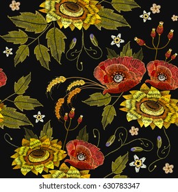 Embroidery rose and sunflowers seamless pattern. Beautiful embroidery blossoming sunflowers and red roses, fashion template for clothes, t-shirt design 