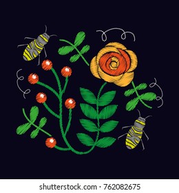 embroidery roses and bee ornament for the floral pattern