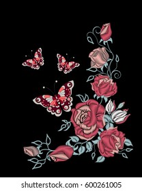 Embroidery roses and butterfly, ethnic ornament for the  neck, bags, jeans, shirts, T-shirts. Vintage style.