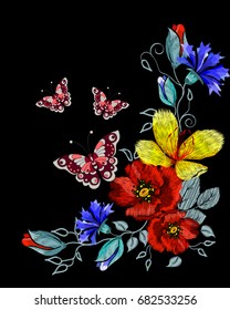 Embroidery roses and butterfly, ethnic ornament for the neck, bags, jeans, shirts, T-shirts. Vintage style.