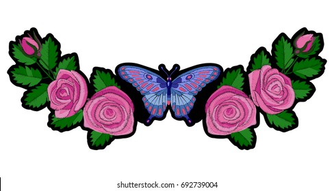 Embroidery roses and butterfly patch. Needlework pattern on white background.