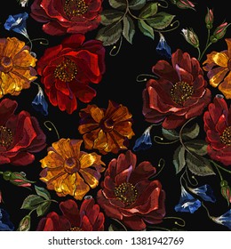 Embroidery roses and calendula gloden flowers seamless pattern. Summer garden art. Fashion template for clothes, textiles, t-shirt design 