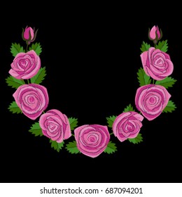 Embroidery roses circle composition. Needlework pattern of roses garland black background.