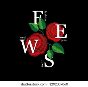 Embroidery roses with decorative text