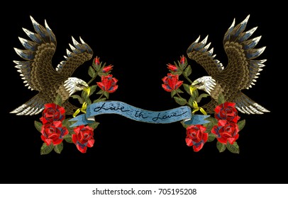 Embroidery with roses and an eagle-symbol of freedom. Vector illustration.