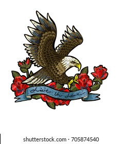 Embroidery with roses and an eagle-symbol of freedom. Vector illustration.