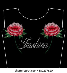 Embroidery roses flowers with fashion word, vector illustration for neckline, girls dress, woman t-shirt, design  college apparel, vintage graphic stitch