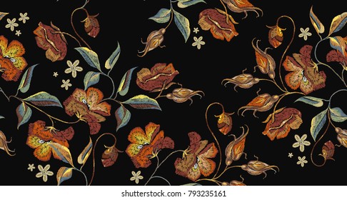 Embroidery roses flowers seamless pattern. Template for clothes, textiles, t-shirt design. Beautiful red roses classical embroidery seamless background