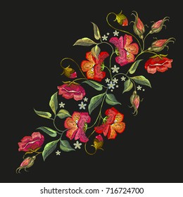 Embroidery roses flowers t-shirt design. Beautiful red roses classical embroidery on black background. Template for clothes, textiles, t-shirt design