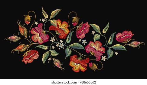 Embroidery roses flowers t-shirt design. Template for clothes, textiles, t-shirt design. Beautiful red roses classical embroidery on black background