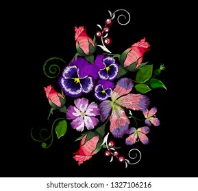 Embroidery roses and lilies, ethnic ornament for the neck, bags, jeans, shirts, T-shirts. Vintage style. Vector illustration.