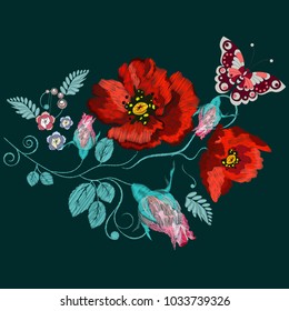 Embroidery roses, poppies and butterfly, ethnic ornament for the  neck, bags, jeans, shirts, T-shirts. Vintage style.