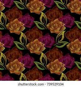 Embroidery roses seamless pattern. Black floral background with tapestry roses flowers, leaves. Vector grunge surface texture for fabric, wallpapers, print. Modern embroidered roses flowers design