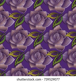 Embroidery roses seamless pattern. Purple floral background with tapestry abstract violet roses flowers, leaves. Vector grunge surface roses texture for  wallpapers, textile. Modern embroidered design