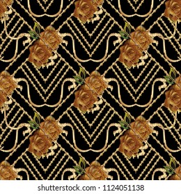 Embroidery roses seamless pattern. Textured grunge vector background. Tapestry striped floral ornament . Decorative embroidered geometric design. Abstract texture. Roses flowers, stripes, zigzag, 