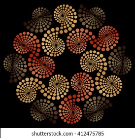 an embroidery rosette made of spirals of dots in shades of gold, red, and brown.