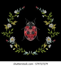 Embroidery round floral pattern with chamomiles and ladybug. Vector traditional folk fashion ornament with flowers, leaves and beetle on black background