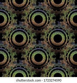 Vector de mandalas redondeado bordado sin fisuras. Fondo colorido de grunge floral. Mandalas de tapiz. Círculos, flores, hojas, líneas de zigzag. Ornamentos geométricos texturados. Textura bordada.