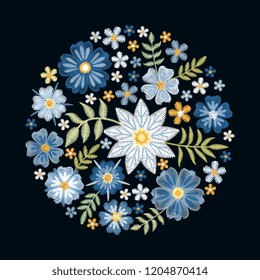 Embroidery. Round pattern with beautiful blue flowers. Floral circle composition on black background. Vector print.