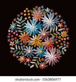 Embroidery. Round pattern with beautiful flowers, leaves and berries. Colorful floral composition on black background. Vector print. 