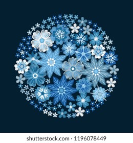 Embroidery round pattern with beautiful winter blue flowers. Floral vector illustration.