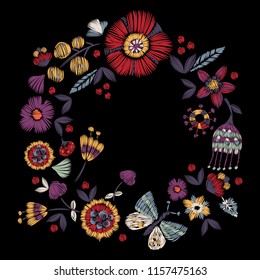 Embroidery Round Pattern With Simplified Flowers And Butterfly. Vector Embroidered Floral Patch For Print And Fabric Design.