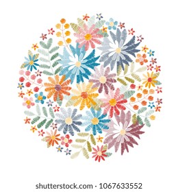 Embroidery. Round pattern with summer flowers, leaves and berries. Vibrant floral composition on white background. Vector print.
