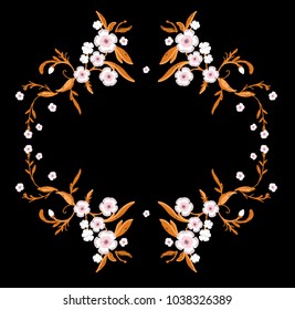 Embroidery of sakura flowers with leafs for Fashion. Vector illustration.design of pillow case or napkin or tablecloth