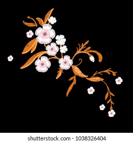 Embroidery of sakura flowers with leafs for Fashion. Vector illustration.