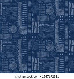 Patrón vectorial del Bordado Sampler Sashiko Kantha. Fondo Asiático Sin Problemas. Estilo azul índigo.  Textura de estirado manual para impresión textil, decoración japonesa. Limono simple que agita EPS 10