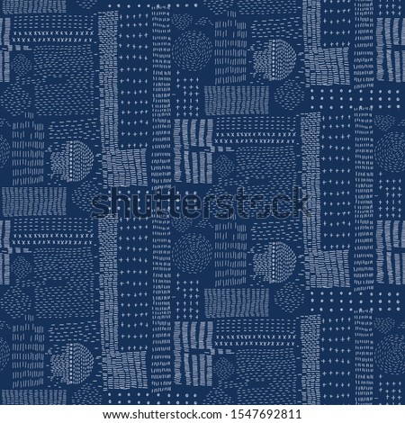Embroidery Sampler Sashiko Kantha  Vector Pattern. Asian Needlework Seamless Background. Indigo Blue Style.  Running Hand Stitch Texture for Textile Print, Japan Decor. Simple Kimono Quilting EPS 10