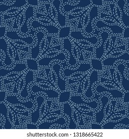 Embroidery Sashiko Style. Japanese Needlework Seamless Vector Pattern. Hand Stitch Indigo Blue Line, Furoshiki Wrap Textile Print, Classic Japan Decor, Asian Backdrop. Simple Kimono Quilting Template