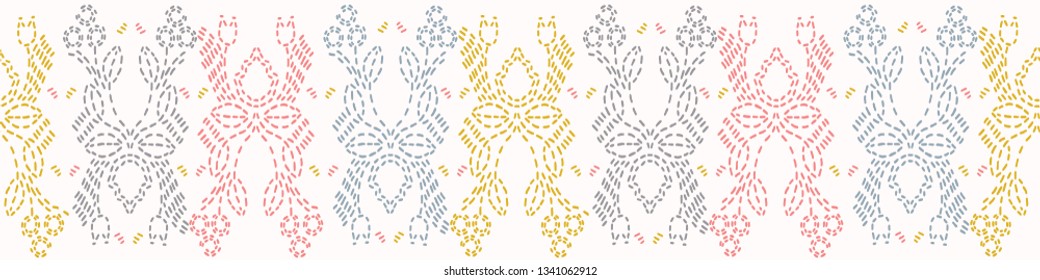 Embroidery Sashiko Style. Japanese Needlework Seamless Vector Pattern. Hand Stitch Spring Pastel Line, Furoshiki Wrap Textile Print, Modern Japan Decor, Asian Backdrop. Spring Kimono Quilting Template