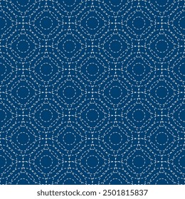 Embroidery Sashiko Vector Pattern. Asian Needlework Seamless Background. Indigo Blue Style. Running Hand Stitch for Textile Print, Japan Decor, clothing, mock up template and etc.