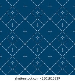 Embroidery Sashiko Vector Pattern. Asian Needlework Seamless Background. Indigo Blue Style. Running Hand Stitch for Textile Print, Japan Decor, clothing, mock up template and etc.
