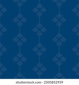 Embroidery Sashiko Vector Pattern. Asian Needlework Seamless Background. Indigo Blue Style. Running Hand Stitch for Textile Print, Japan Decor, clothing, mock up template and etc.