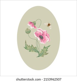 Embroidery satin stitch floral pattern with poppies flowers and bee. Vector  traditional embroidered bouquet of poppies on beige background for design 