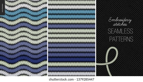 Embroidery satin stitch seamless patterns - two textile patterns of satin stitch