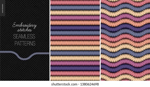 Embroidery satin stitch seamless patterns - two textile patterns of satin stitch