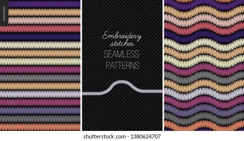 Embroidery satin stitch seamless patterns - two textile patterns of satin stitch