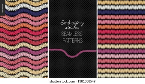 Embroidery satin stitch seamless patterns - two textile patterns of satin stitch