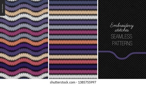 Embroidery satin stitch seamless patterns - two textile patterns of satin stitch