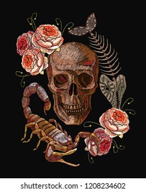 Embroidery scorpion, human skull, skeleton of fish, roses and dice. Classical gothic embroidery. Medieval template for clothes, textiles, t-shirt design 